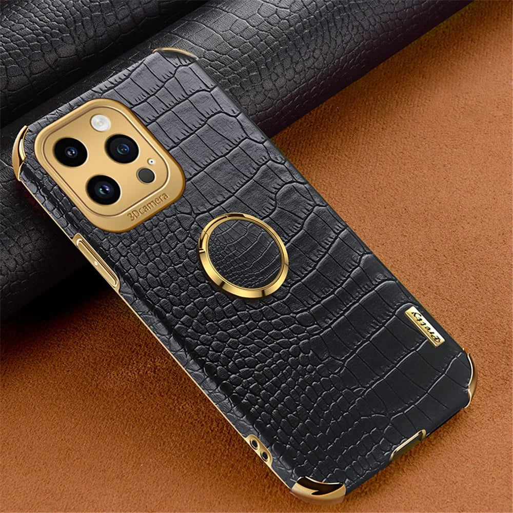 For iPhone 14 Pro 6D Electroplated Kickstand Phone Case PU Leather + TPU Crocodile Texture Back Cover - Black - 2