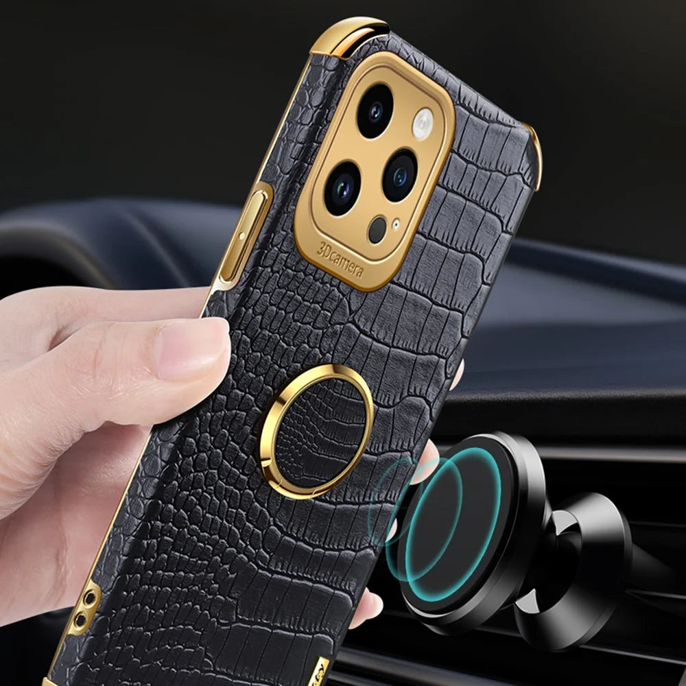 For iPhone 14 Pro 6D Electroplated Kickstand Phone Case PU Leather + TPU Crocodile Texture Back Cover - Black - 5