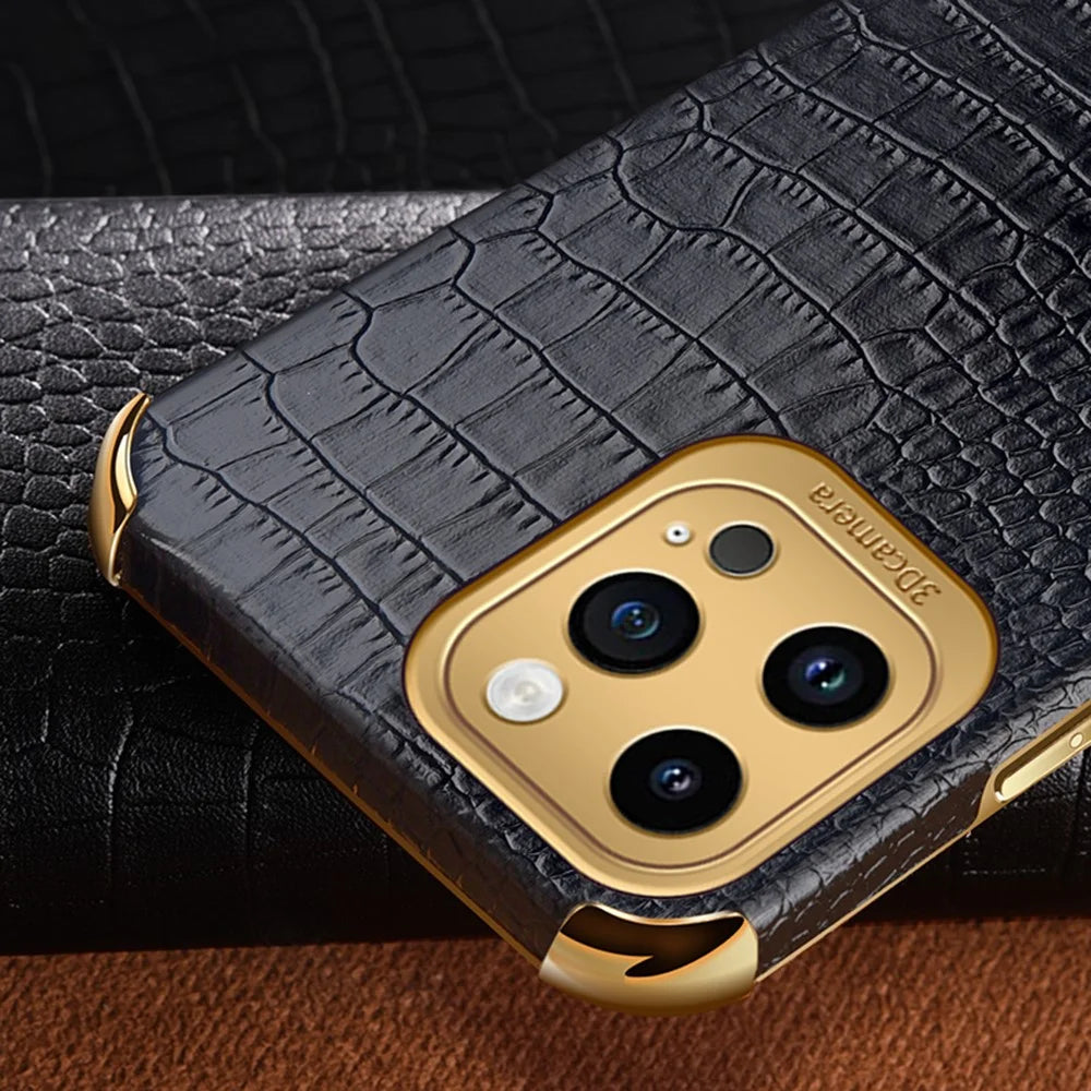 For iPhone 14 Pro 6D Electroplated Kickstand Phone Case PU Leather + TPU Crocodile Texture Back Cover - Black - 7