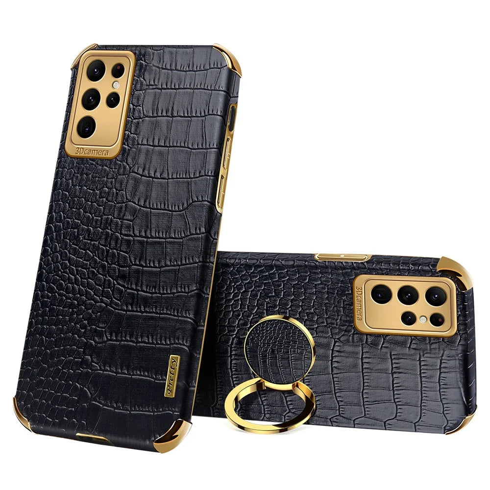 Crocodile Texture Phone Case for Samsung Galaxy S23 Ultra , Ring Kickstand PU Leather Coated TPU 6D Electroplated Cover - Black - 1