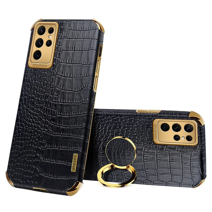Crocodile Texture Phone Case for Samsung Galaxy S23 Ultra , Ring Kickstand PU Leather Coated TPU 6D Electroplated Cover - Black - 1