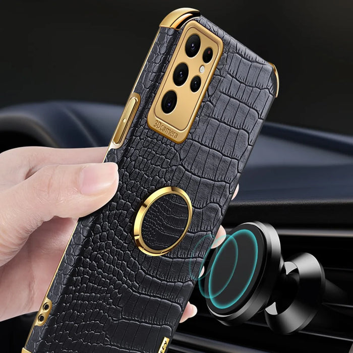 Crocodile Texture Phone Case for Samsung Galaxy S23 Ultra , Ring Kickstand PU Leather Coated TPU 6D Electroplated Cover - Black - 5