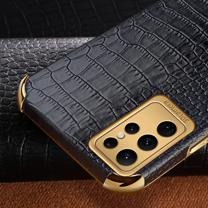 Crocodile Texture Phone Case for Samsung Galaxy S23 Ultra , Ring Kickstand PU Leather Coated TPU 6D Electroplated Cover - Black - 7