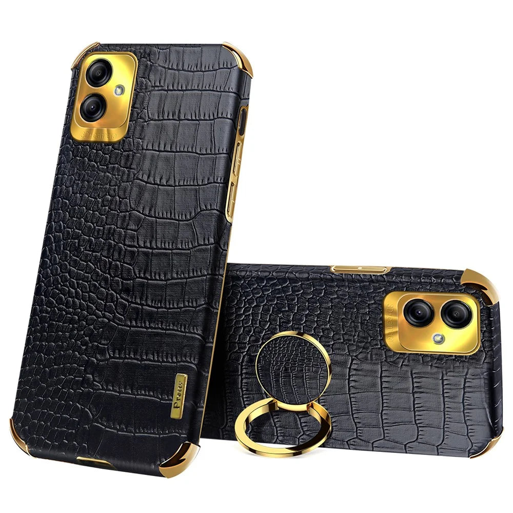 For Samsung Galaxy A04 4G (164.4 x 76.3 x 9.1 mm) Crocodile Texture Phone Case Electroplating Ring Kickstand PU Leather Coated TPU Cover - Black - 1