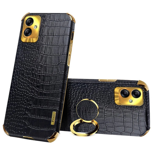 For Samsung Galaxy A04 4G (164.4 x 76.3 x 9.1 mm) Crocodile Texture Phone Case Electroplating Ring Kickstand PU Leather Coated TPU Cover - Black - 1