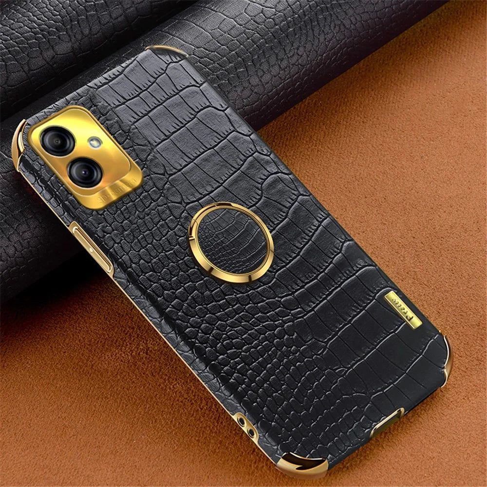 For Samsung Galaxy A04 4G (164.4 x 76.3 x 9.1 mm) Crocodile Texture Phone Case Electroplating Ring Kickstand PU Leather Coated TPU Cover - Black - 2