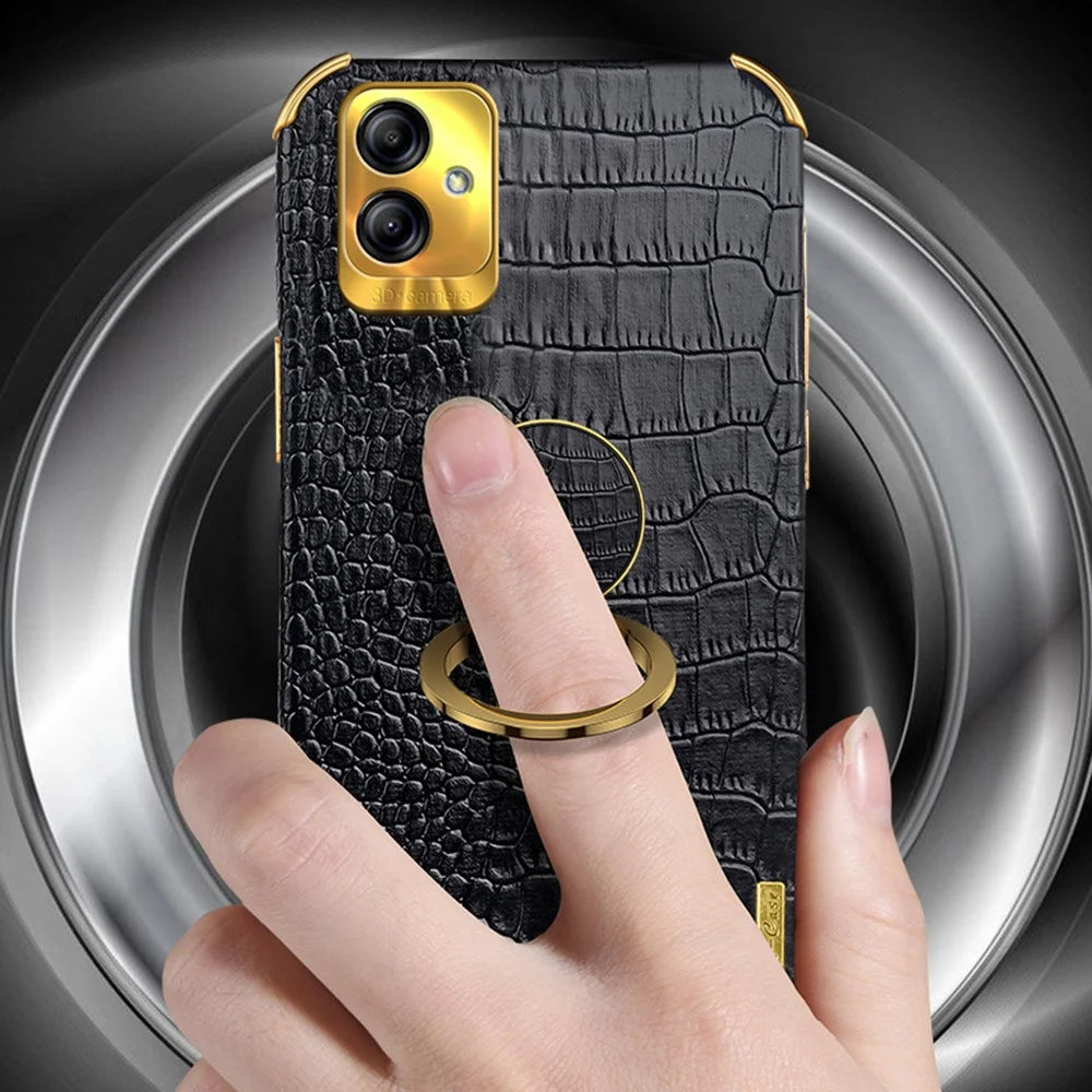 For Samsung Galaxy A04 4G (164.4 x 76.3 x 9.1 mm) Crocodile Texture Phone Case Electroplating Ring Kickstand PU Leather Coated TPU Cover - Black - 3