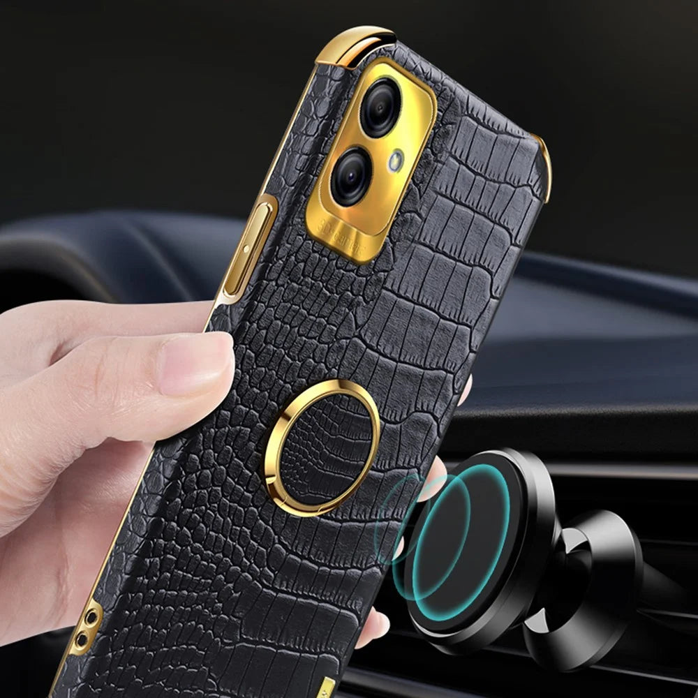 For Samsung Galaxy A04 4G (164.4 x 76.3 x 9.1 mm) Crocodile Texture Phone Case Electroplating Ring Kickstand PU Leather Coated TPU Cover - Black - 5