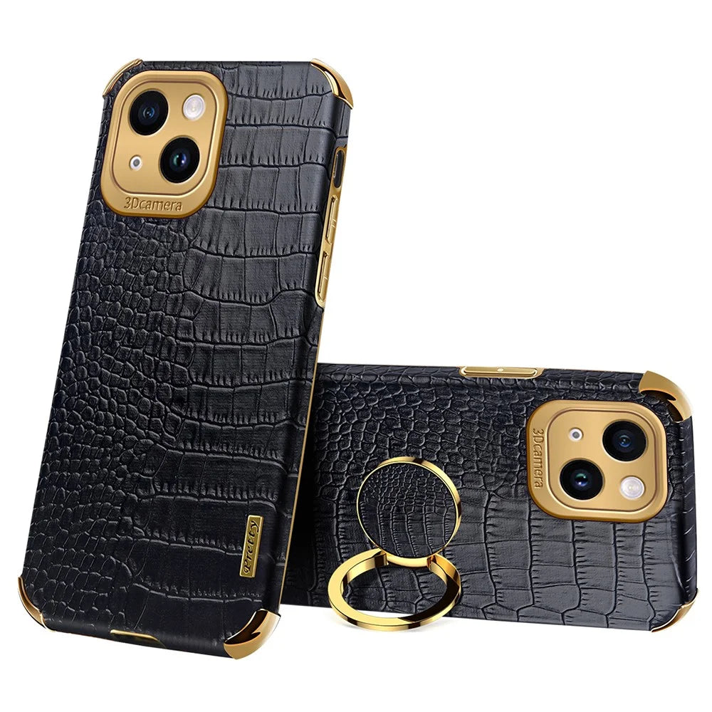 For iPhone 14 Electroplated PU Leather Coated TPU Cover Ring Kickstand Crocodile Texture Phone Case - Black - 1