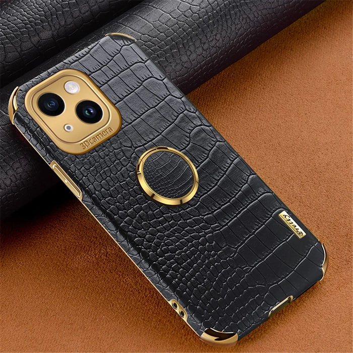 For iPhone 14 Electroplated PU Leather Coated TPU Cover Ring Kickstand Crocodile Texture Phone Case - Black - 2