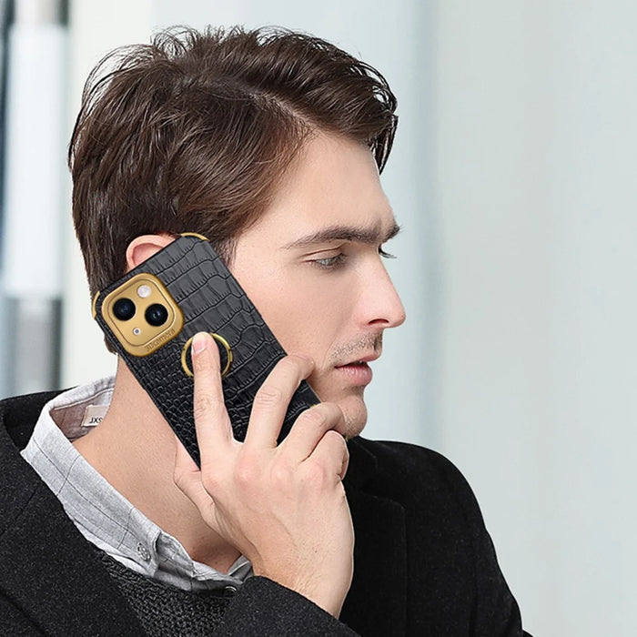 For iPhone 14 Electroplated PU Leather Coated TPU Cover Ring Kickstand Crocodile Texture Phone Case - Black - 6