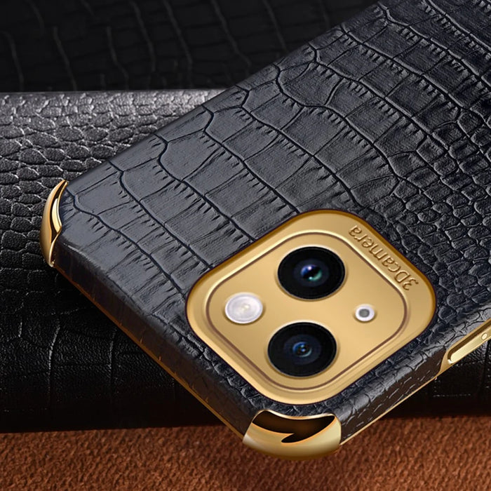 For iPhone 14 Electroplated PU Leather Coated TPU Cover Ring Kickstand Crocodile Texture Phone Case - Black - 7