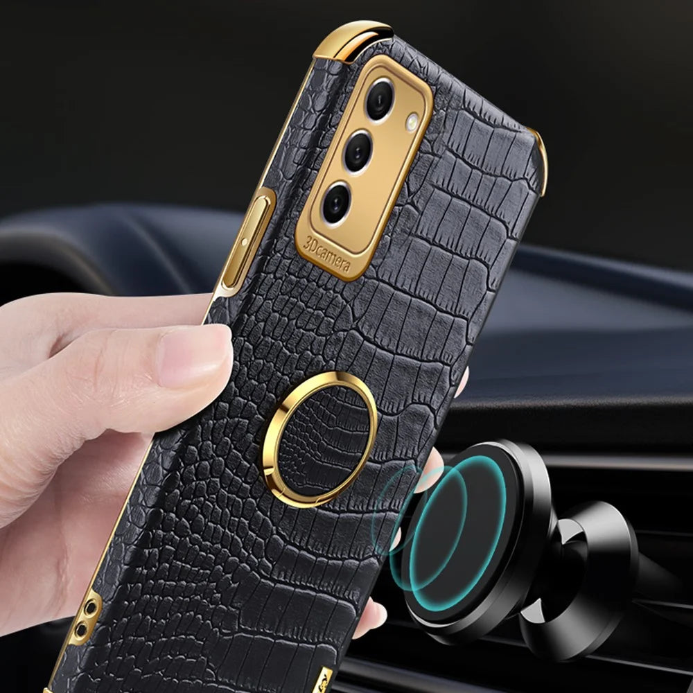 For Samsung Galaxy S23 Ring Kickstand Phone Case Precise Cutout Crocodile Texture Leather Coated TPU Electroplated Cover - Black - 5