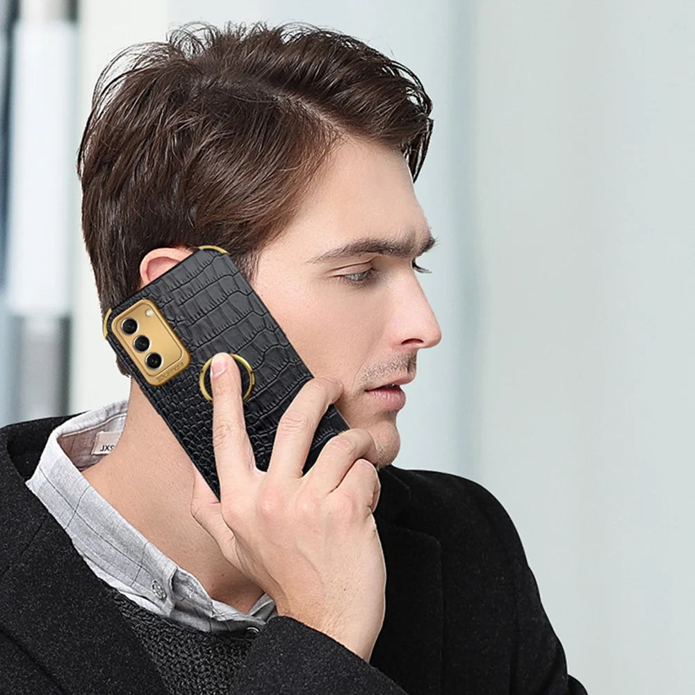 For Samsung Galaxy S23 Ring Kickstand Phone Case Precise Cutout Crocodile Texture Leather Coated TPU Electroplated Cover - Black - 6