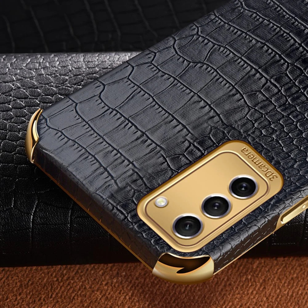 For Samsung Galaxy S23 Ring Kickstand Phone Case Precise Cutout Crocodile Texture Leather Coated TPU Electroplated Cover - Black - 7