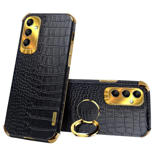 Kickstand Phone Case for Samsung Galaxy A14 4G / 5G , 6D Electroplating PU Leather Coated TPU Crocodile Texture Back Cover - Black - 1