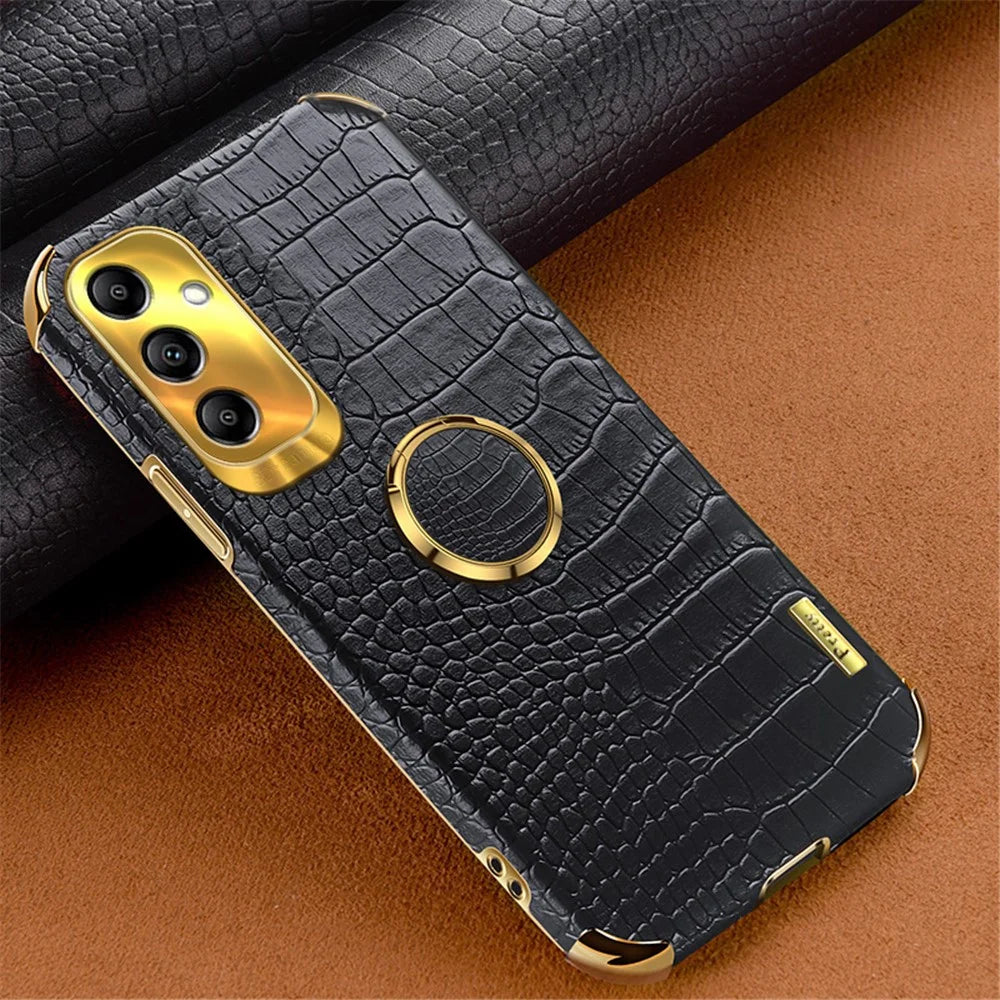Kickstand Phone Case for Samsung Galaxy A14 4G / 5G , 6D Electroplating PU Leather Coated TPU Crocodile Texture Back Cover - Black - 2