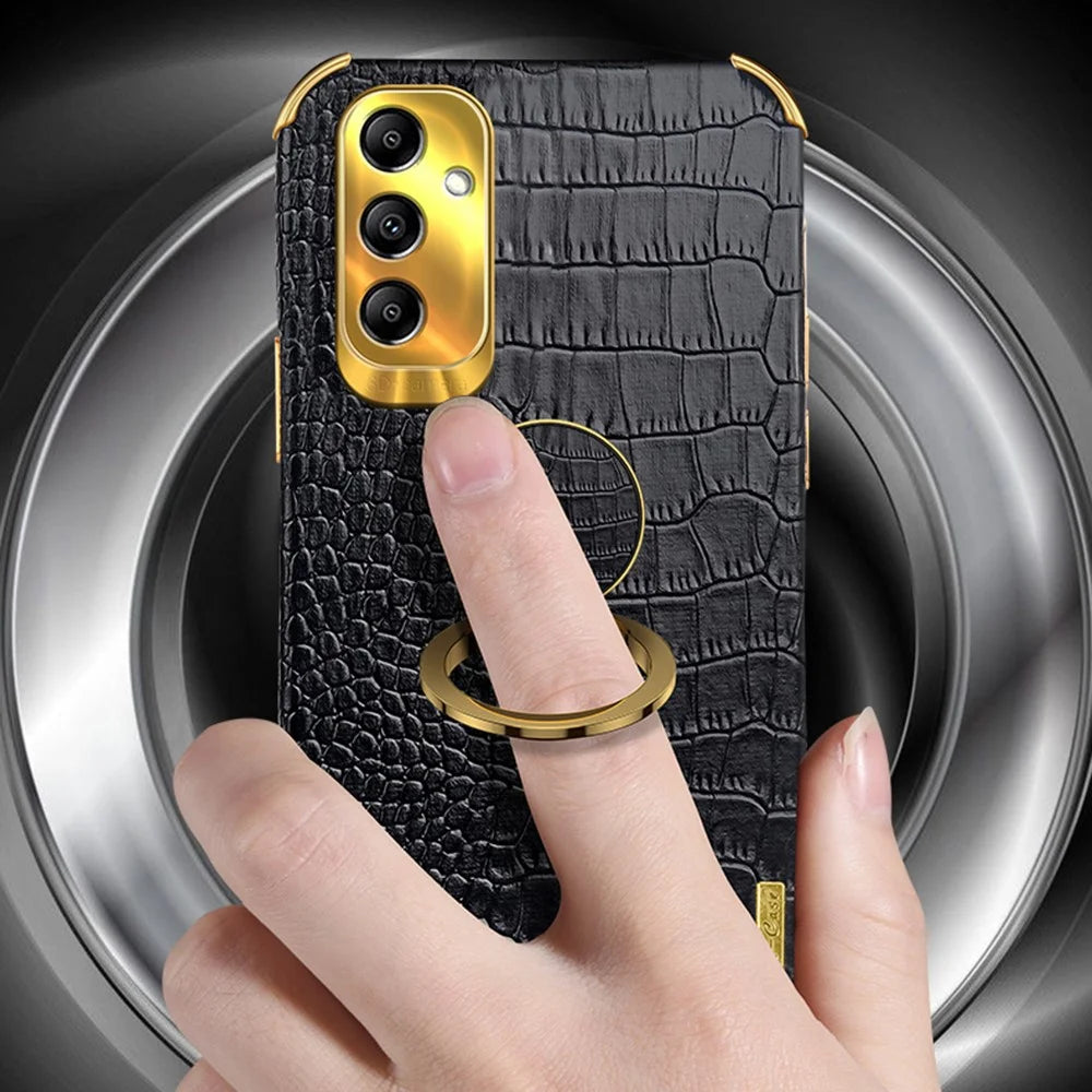 Kickstand Phone Case for Samsung Galaxy A14 4G / 5G , 6D Electroplating PU Leather Coated TPU Crocodile Texture Back Cover - Black - 3