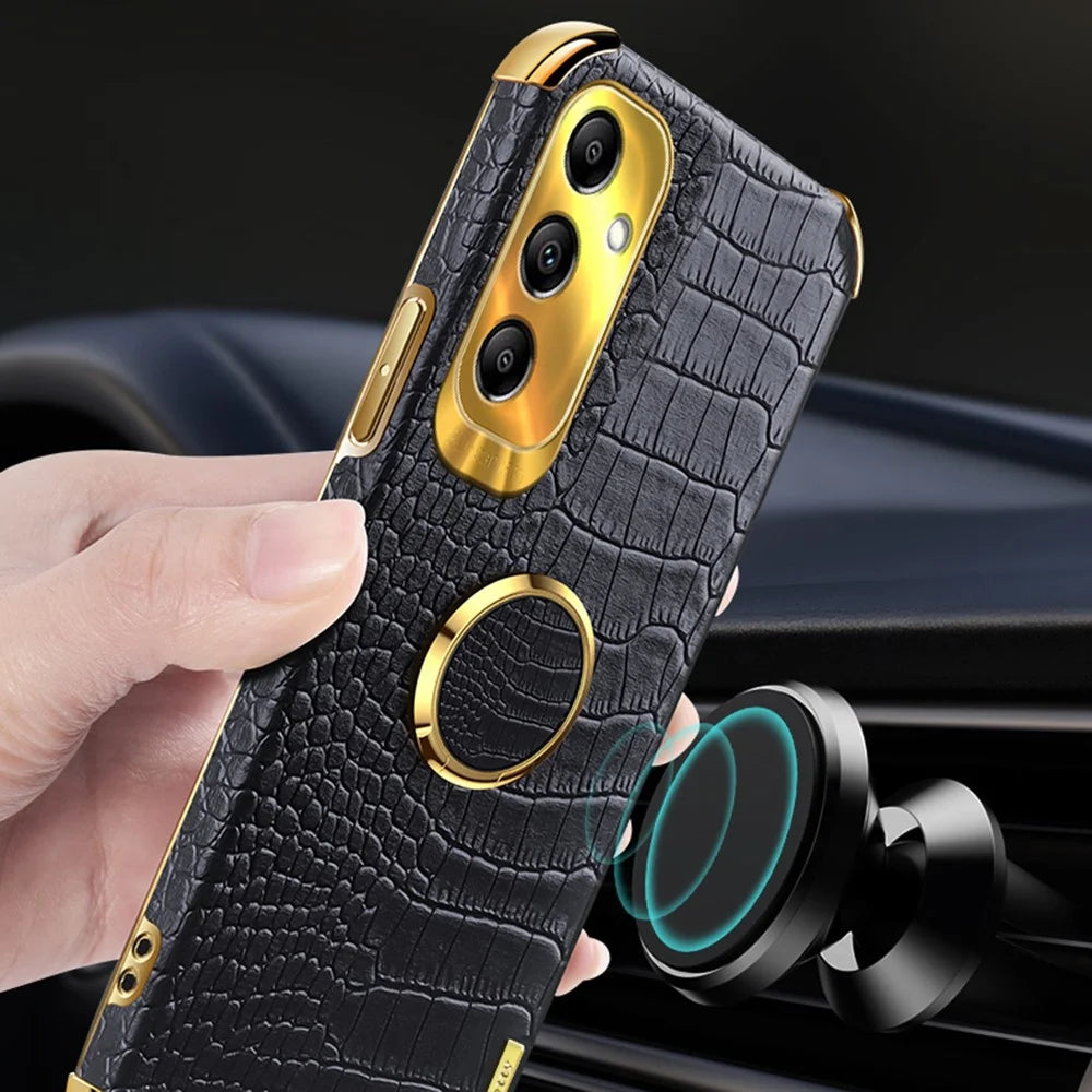 Kickstand Phone Case for Samsung Galaxy A14 4G / 5G , 6D Electroplating PU Leather Coated TPU Crocodile Texture Back Cover - Black - 5