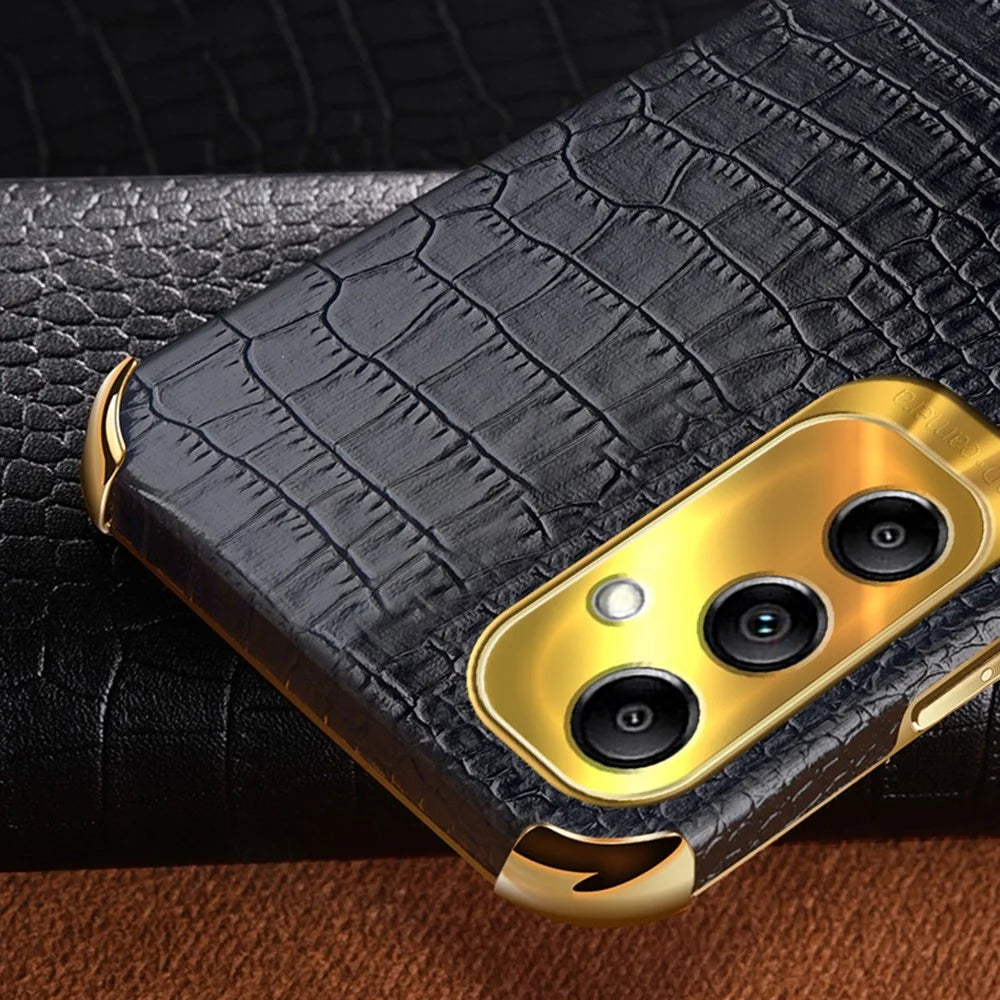 Kickstand Phone Case for Samsung Galaxy A14 4G / 5G , 6D Electroplating PU Leather Coated TPU Crocodile Texture Back Cover - Black - 7