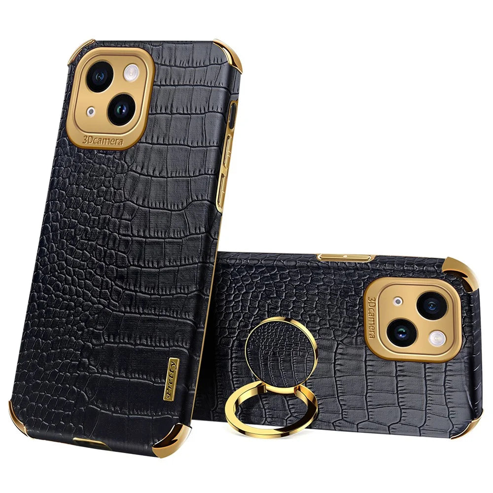 For iPhone 14 Plus Kickstand 6D Electroplating Cover PU Leather Coated TPU Crocodile Texture Phone Case - Black - 1