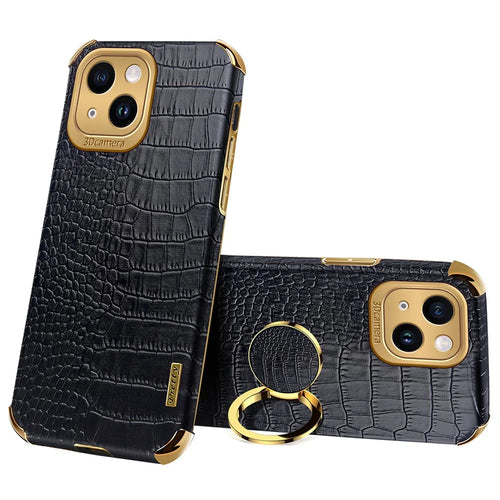 For iPhone 14 Plus Kickstand 6D Electroplating Cover PU Leather Coated TPU Crocodile Texture Phone Case - Black - 1