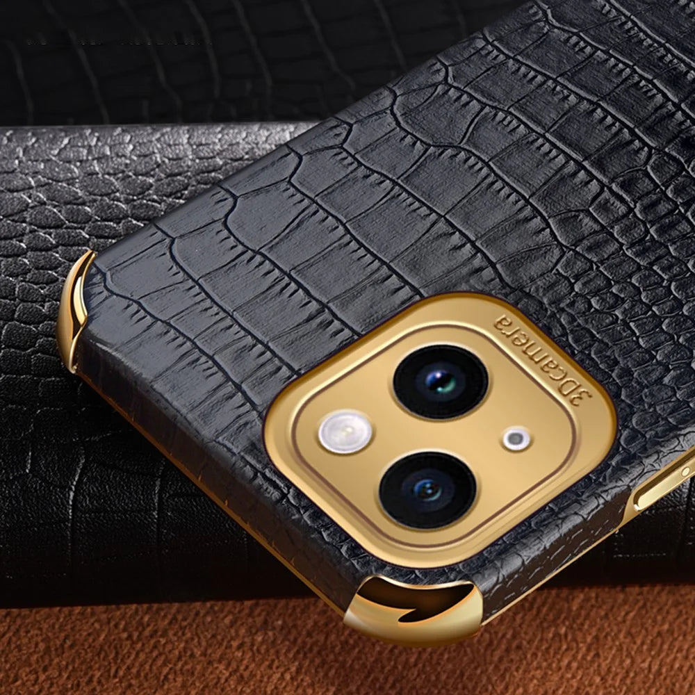 For iPhone 14 Plus Kickstand 6D Electroplating Cover PU Leather Coated TPU Crocodile Texture Phone Case - Black - 7
