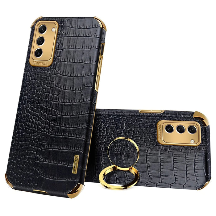 For Samsung Galaxy S23+ PU Leather Coated TPU Case 6D Electroplating Ring Kickstand Phone Cover - Black - 1
