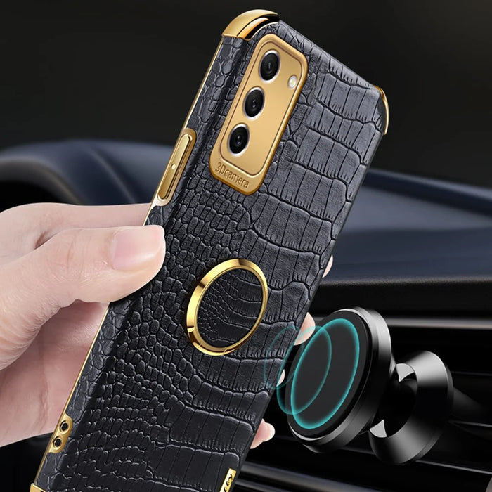 For Samsung Galaxy S23+ PU Leather Coated TPU Case 6D Electroplating Ring Kickstand Phone Cover - Black - 5