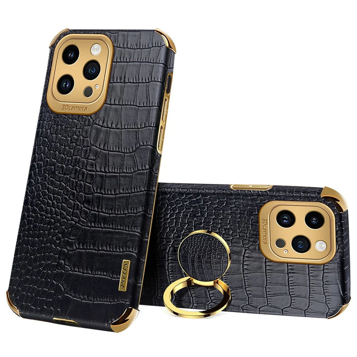 For iPhone 13 Pro PU Leather Coated TPU 6D Electroplated Case Ring Kickstand Crocodile Texture Phone Cover - Black - 1