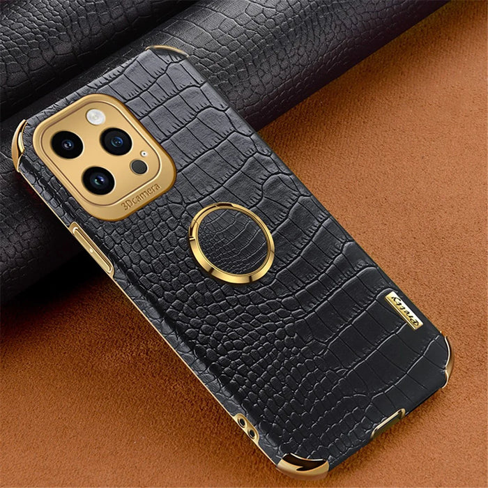 For iPhone 13 Pro PU Leather Coated TPU 6D Electroplated Case Ring Kickstand Crocodile Texture Phone Cover - Black - 2