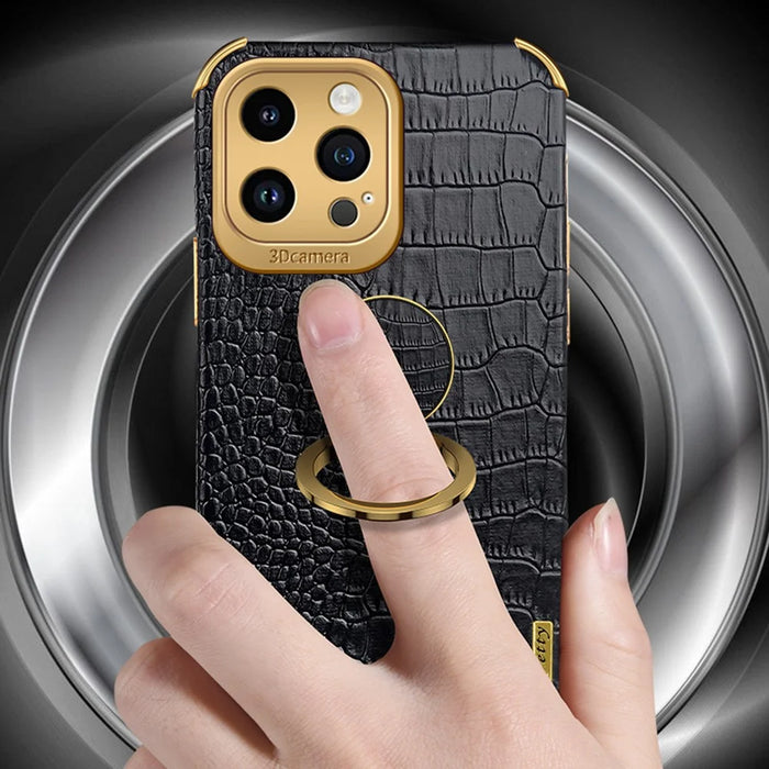 For iPhone 13 Pro PU Leather Coated TPU 6D Electroplated Case Ring Kickstand Crocodile Texture Phone Cover - Black - 3