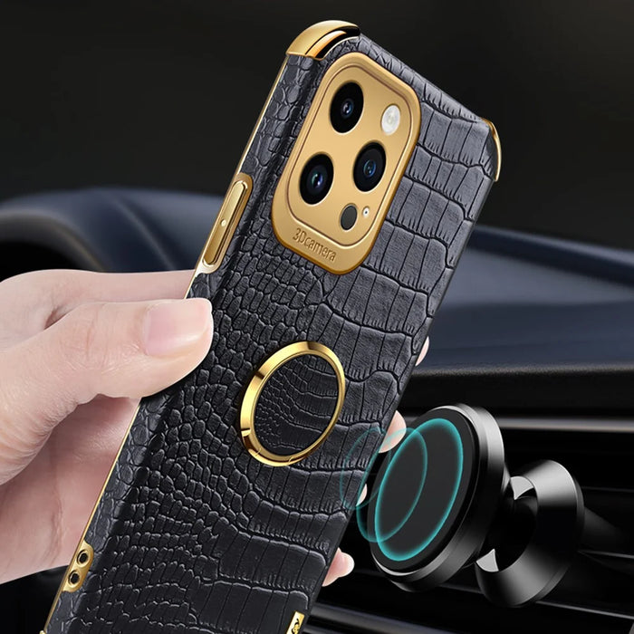 For iPhone 13 Pro PU Leather Coated TPU 6D Electroplated Case Ring Kickstand Crocodile Texture Phone Cover - Black - 5