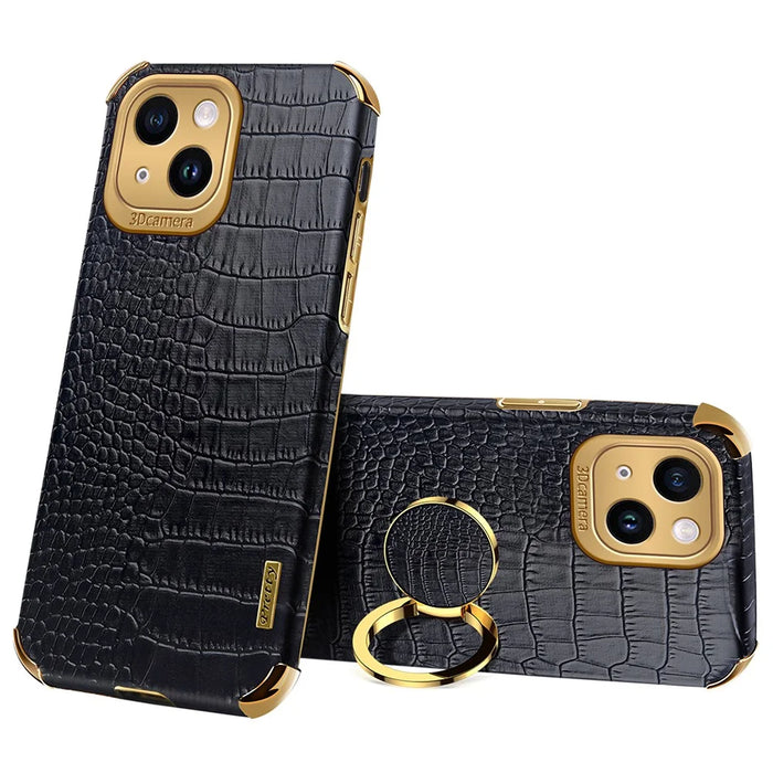 For iPhone 13 PU Leather Coated TPU Crocodile Texture Phone Case 6D Electroplated Kickstand Protective Cover - Black - 1