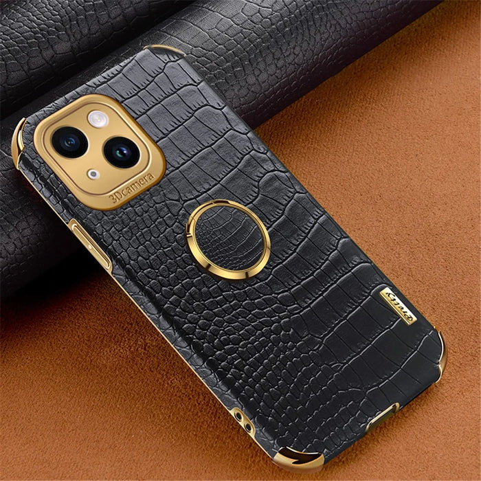 For iPhone 13 PU Leather Coated TPU Crocodile Texture Phone Case 6D Electroplated Kickstand Protective Cover - Black - 2