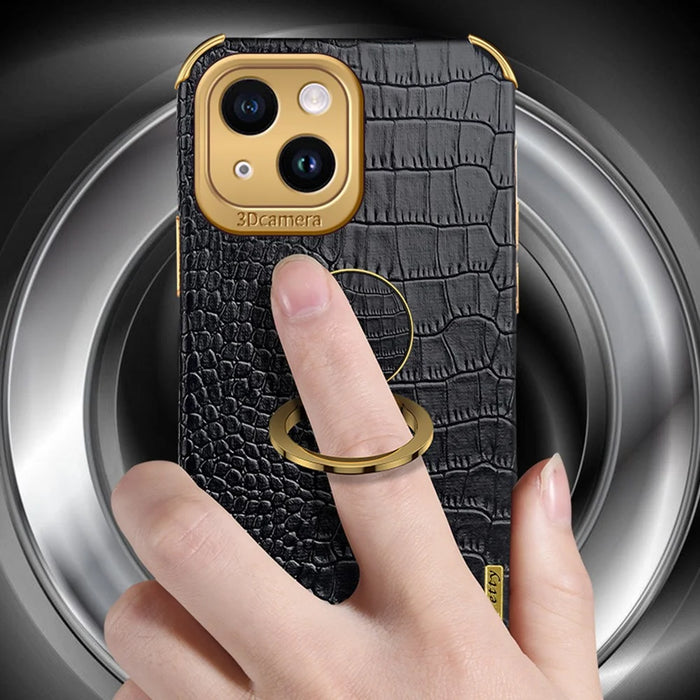 For iPhone 13 PU Leather Coated TPU Crocodile Texture Phone Case 6D Electroplated Kickstand Protective Cover - Black - 3
