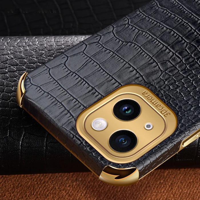For iPhone 13 PU Leather Coated TPU Crocodile Texture Phone Case 6D Electroplated Kickstand Protective Cover - Black - 7
