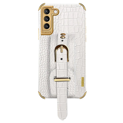 For Samsung Galaxy S21+ 5G Anti-drop Crocodile Texture Phone Cover 6D Electroplated Leather Coated TPU Case with Hand Strap - White - 1
