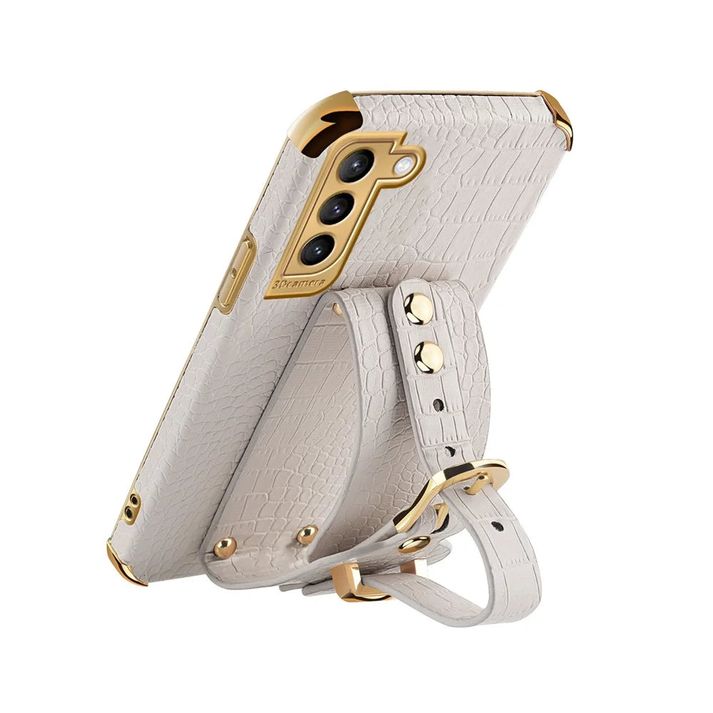 For Samsung Galaxy S21+ 5G Anti-drop Crocodile Texture Phone Cover 6D Electroplated Leather Coated TPU Case with Hand Strap - White - 4