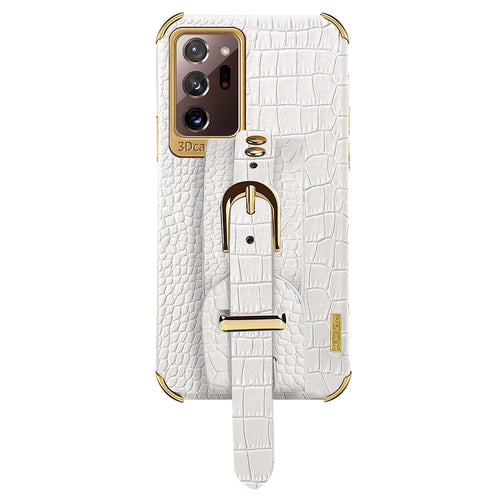 For Samsung Galaxy Note20 Ultra / Note20 Ultra 5G Crocodile Texture Anti-scratch Phone Case Hand Strap Kickstand PU Leather Coated TPU Cover - White - 1