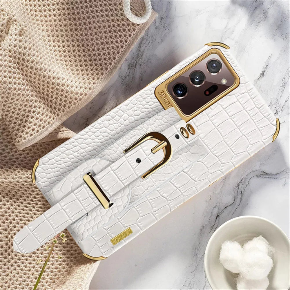 For Samsung Galaxy Note20 Ultra / Note20 Ultra 5G Crocodile Texture Anti-scratch Phone Case Hand Strap Kickstand PU Leather Coated TPU Cover - White - 2