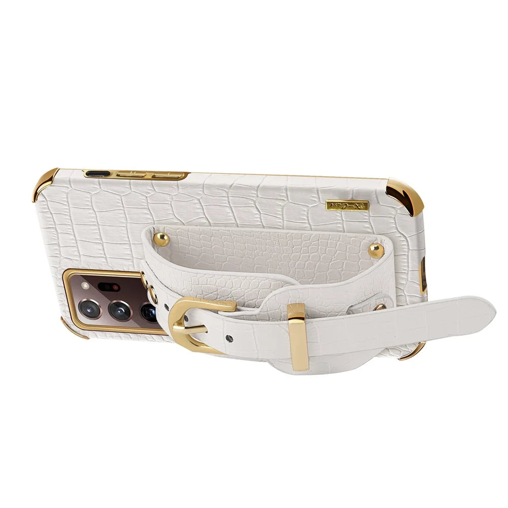 For Samsung Galaxy Note20 Ultra / Note20 Ultra 5G Crocodile Texture Anti-scratch Phone Case Hand Strap Kickstand PU Leather Coated TPU Cover - White - 3