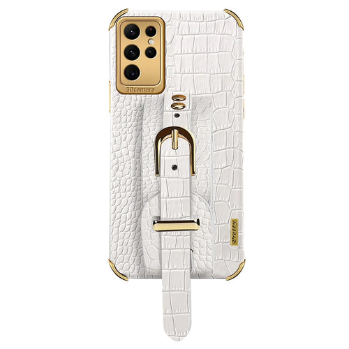 For Samsung Galaxy S23 Ultra PU Leather Coated TPU Case Crocodile Texture Hand Strap Kickstand Electroplated Cover - White - 1