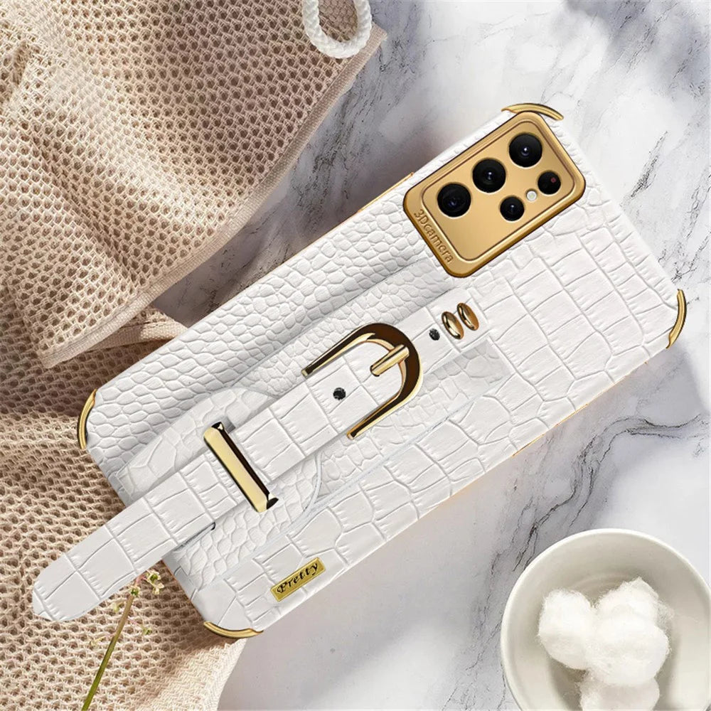 For Samsung Galaxy S23 Ultra PU Leather Coated TPU Case Crocodile Texture Hand Strap Kickstand Electroplated Cover - White - 2