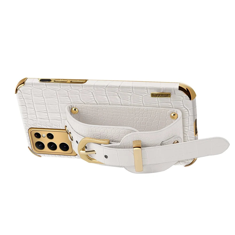 For Samsung Galaxy S23 Ultra PU Leather Coated TPU Case Crocodile Texture Hand Strap Kickstand Electroplated Cover - White - 3
