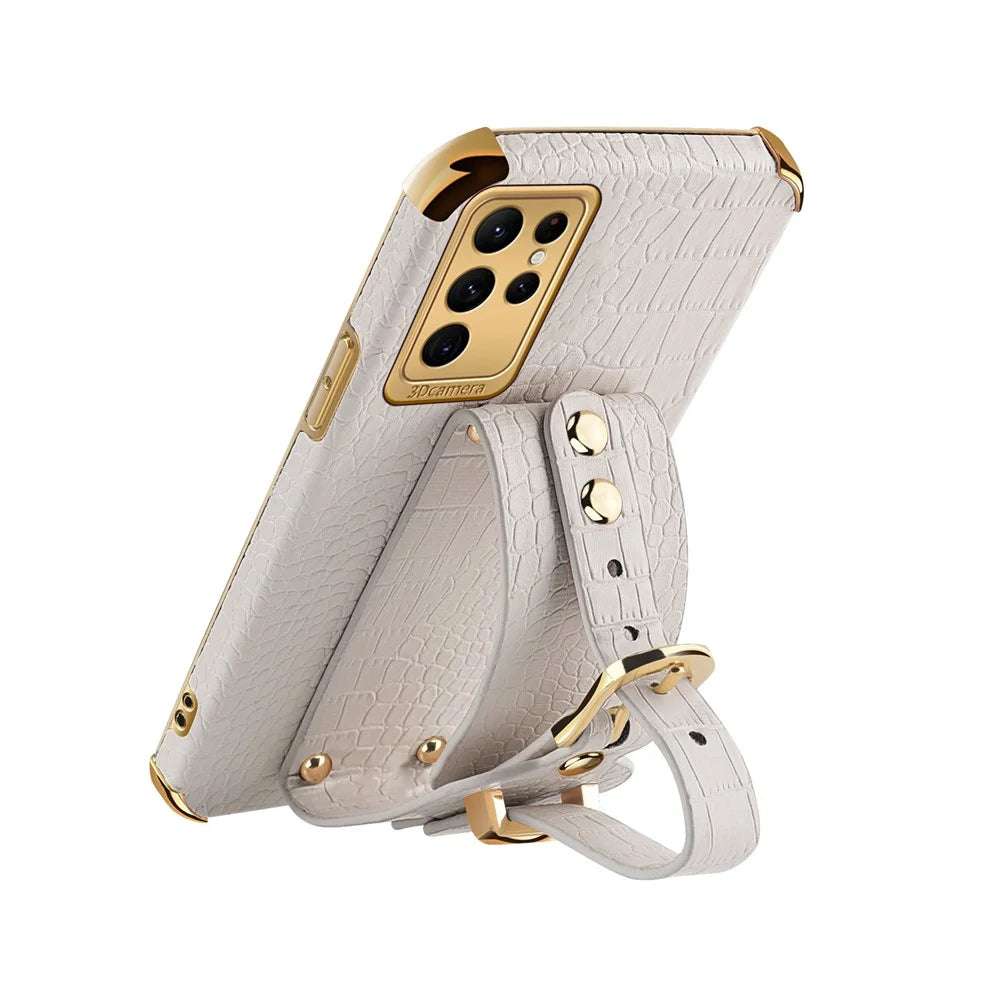For Samsung Galaxy S23 Ultra PU Leather Coated TPU Case Crocodile Texture Hand Strap Kickstand Electroplated Cover - White - 4