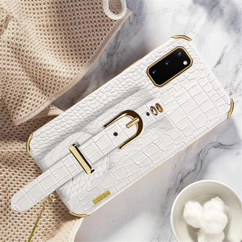 For Samsung Galaxy S20 5G / 4G Crocodile Texture Phone Cover Electroplated Leather Coated TPU Case with Strap Kickstand - White - 2