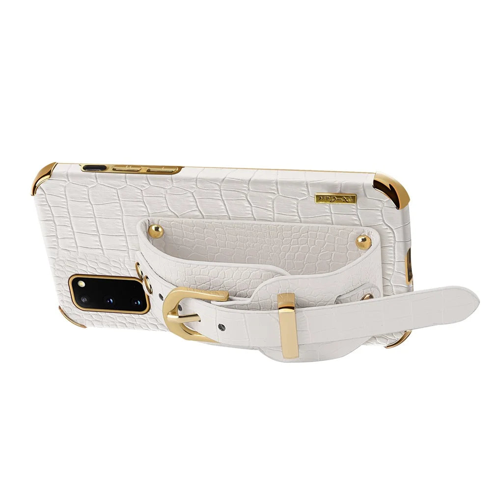 For Samsung Galaxy S20 5G / 4G Crocodile Texture Phone Cover Electroplated Leather Coated TPU Case with Strap Kickstand - White - 3