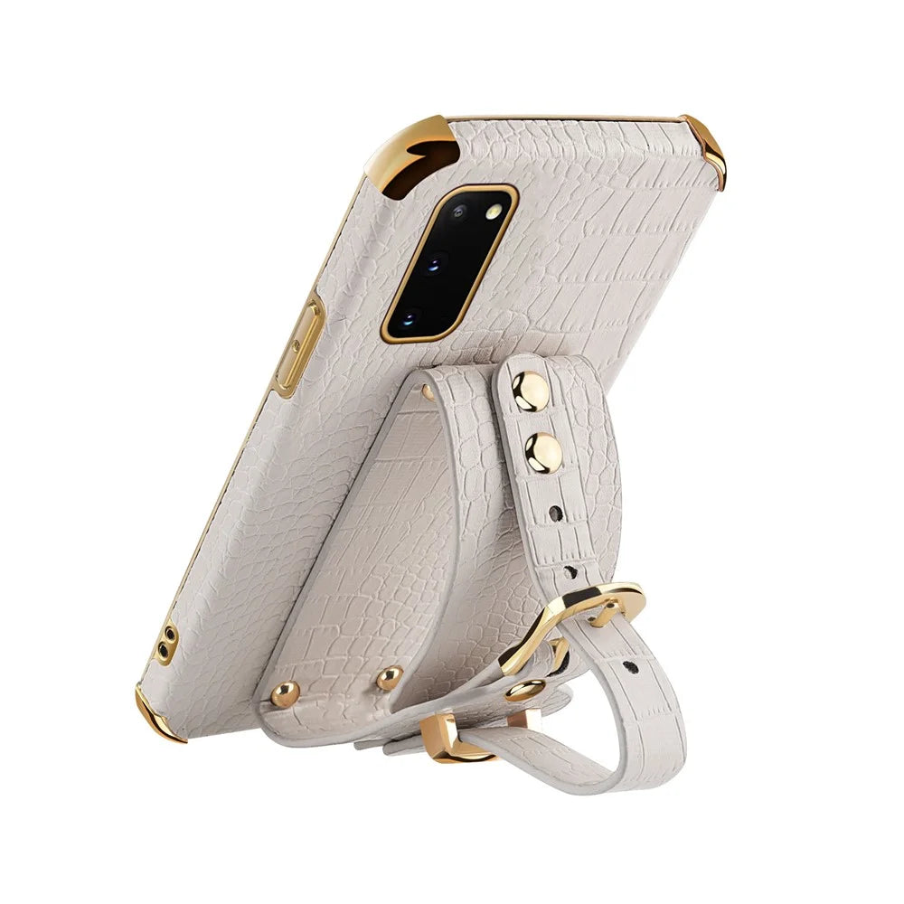 For Samsung Galaxy S20 5G / 4G Crocodile Texture Phone Cover Electroplated Leather Coated TPU Case with Strap Kickstand - White - 4