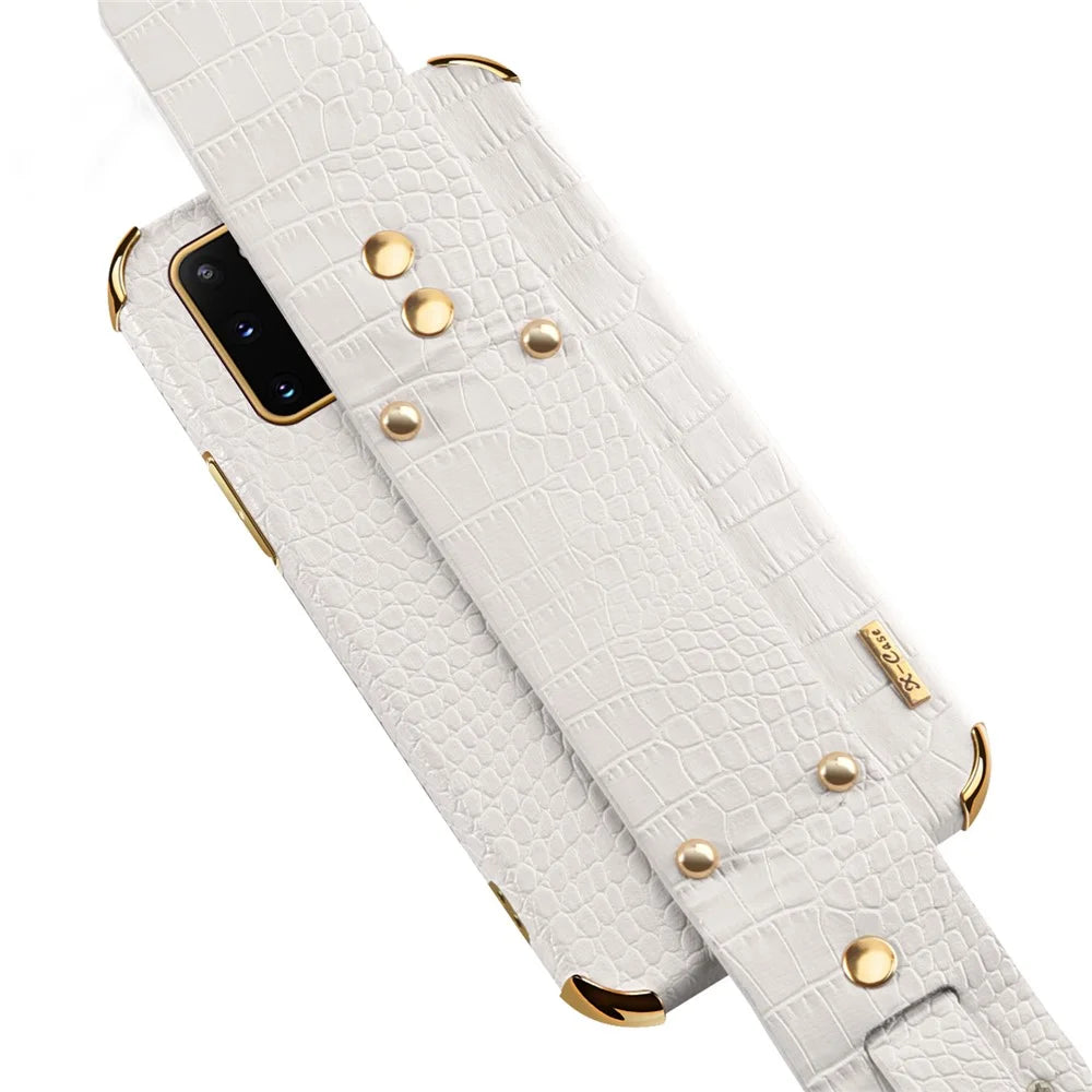For Samsung Galaxy S20 5G / 4G Crocodile Texture Phone Cover Electroplated Leather Coated TPU Case with Strap Kickstand - White - 6